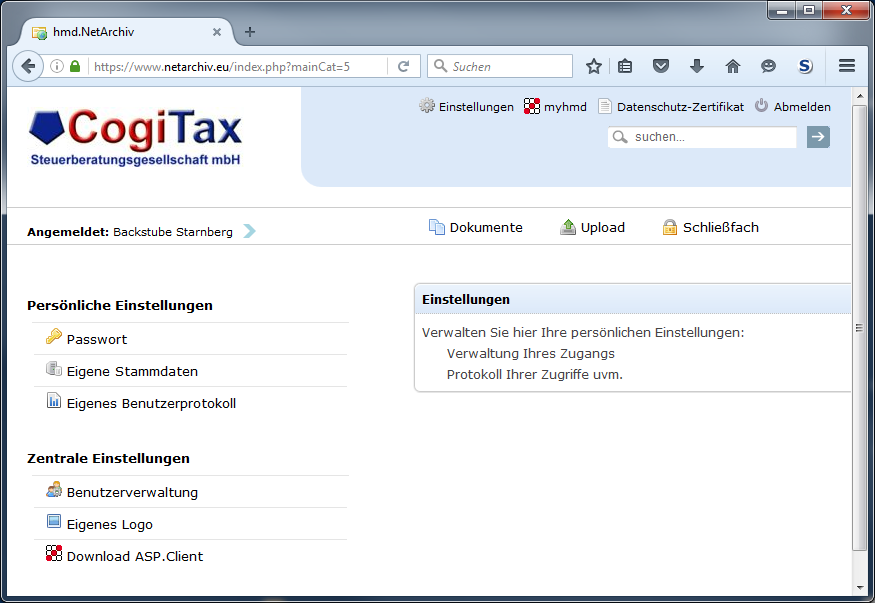 Cloudl�sungen f�r Unternehmen - Unternehmensl�sungen - Rechnungswesen - Netarchiv - Einstellungen