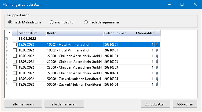 Rechnungswesen f�r Unternehmen - Finanzbuchhaltung - Mahnwesen - Mahnlauf - Zur�cksetzen
