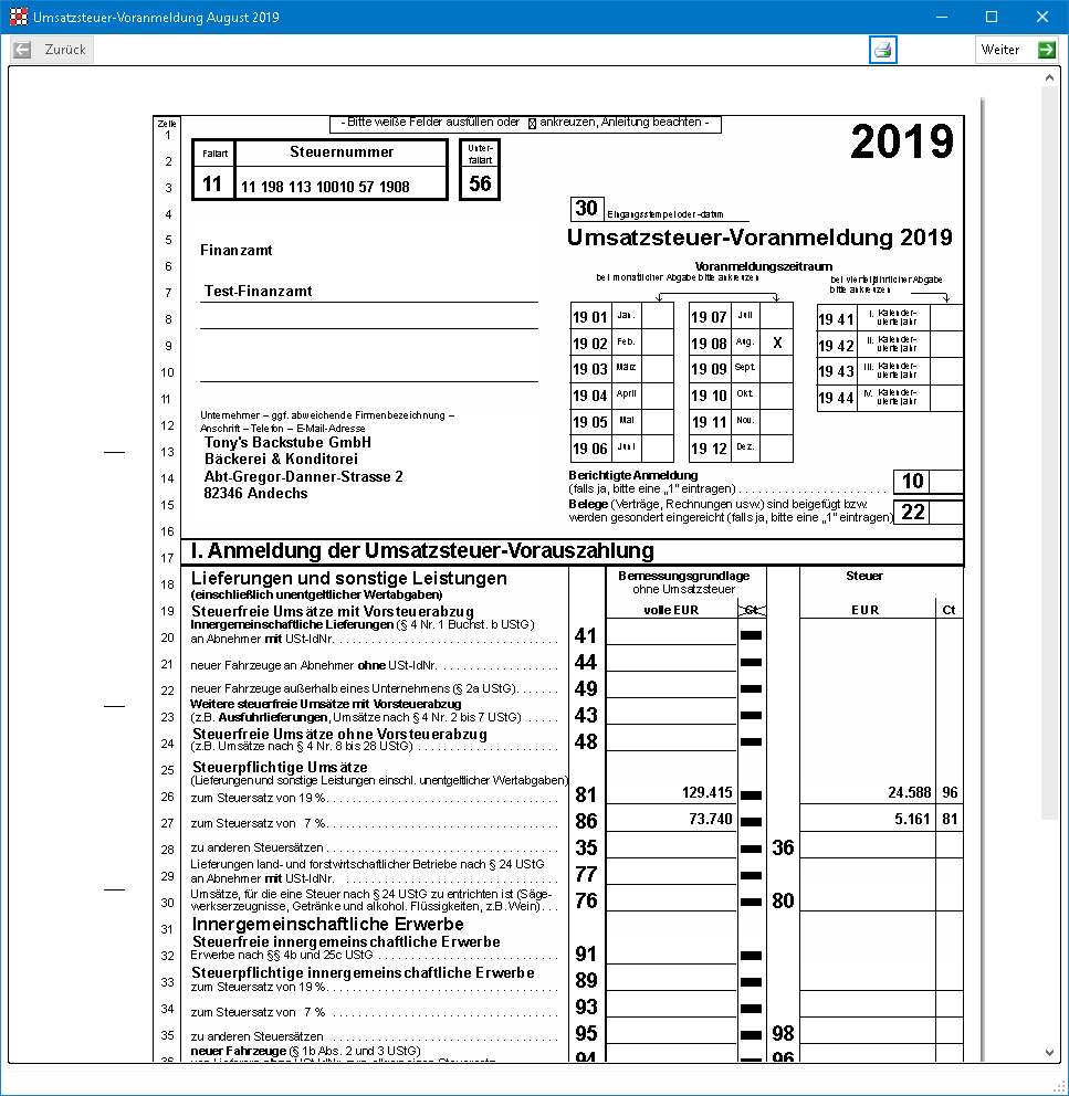Rechnungswesen für Unternehmen - Finanzbuchhaltung - Umsatzsteuervoranmeldung - Formularansicht