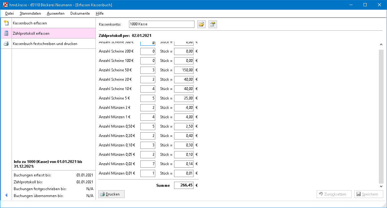 Rechnungswesen f�r Unternehmen - Kassenbuch - Z�hlprotokoll