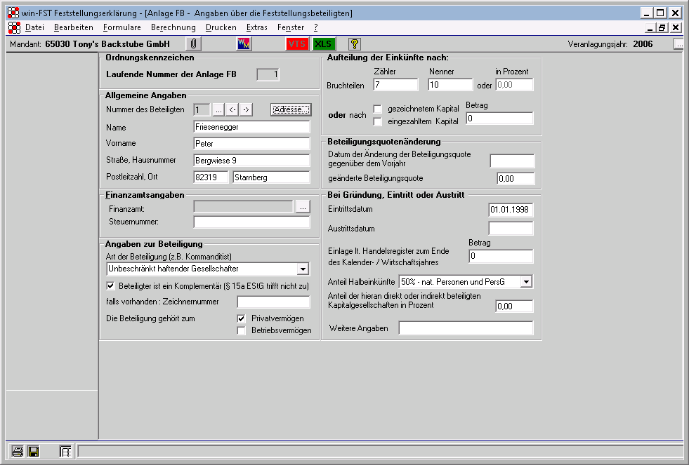 Steuern f�r Unternehmen - Steuern - Festellungserkl�rung - Gesellschafter - Anlage FB