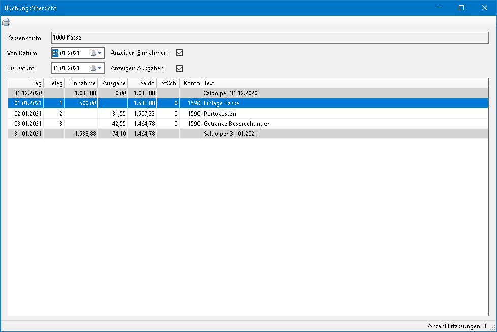 Rechnungswesen f�r Unternehmen - Kassenbuch - Buchungs�bersicht