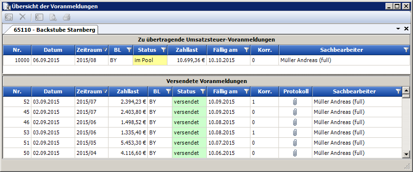 Rechnungswesen f�r Unternehmen - Finanzbuchhaltung - Elsterpool - �bersich t- Voranmeldungen