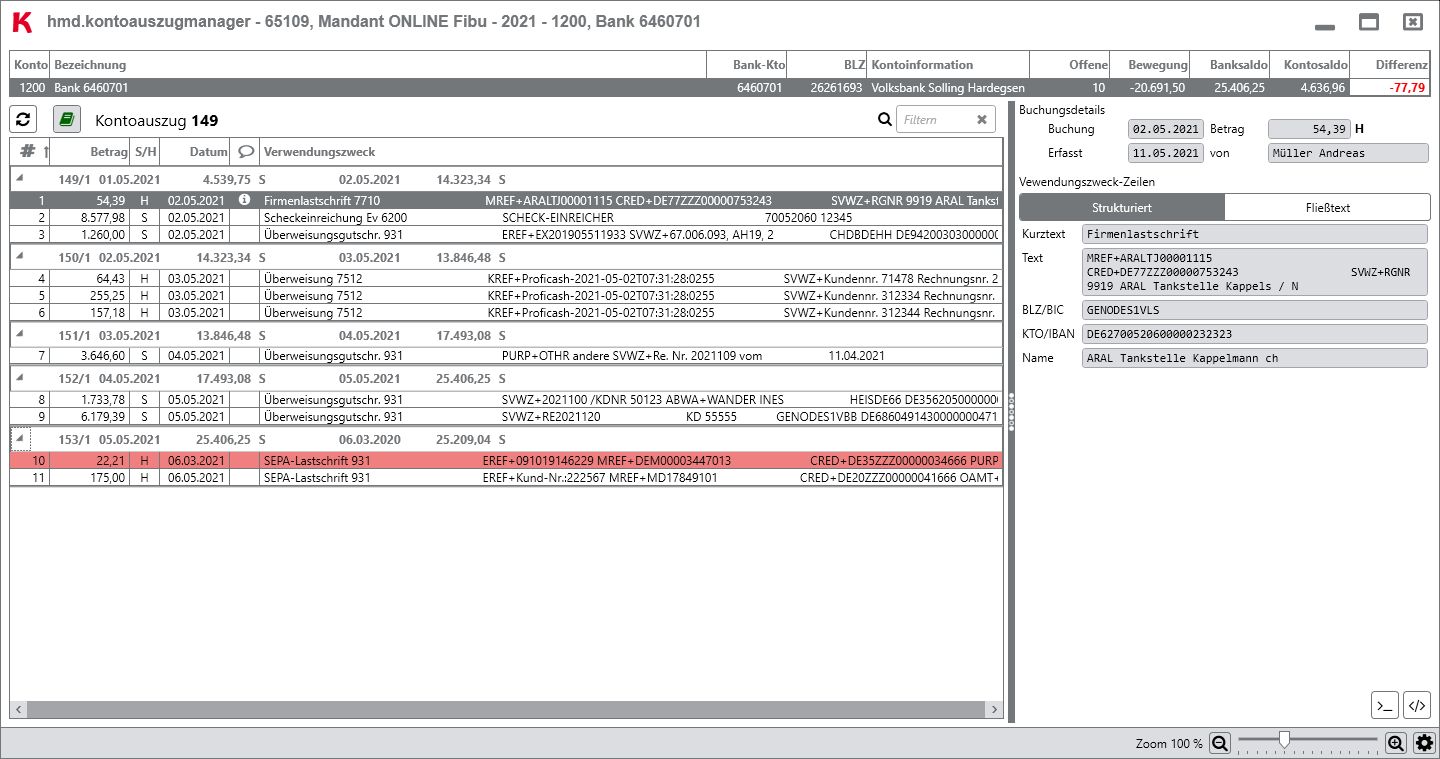 Rechnungswesen f�r Unternehmen - Finanzbuchhaltung - Kontoauszugsmanager - Kontoausz�ge - Details